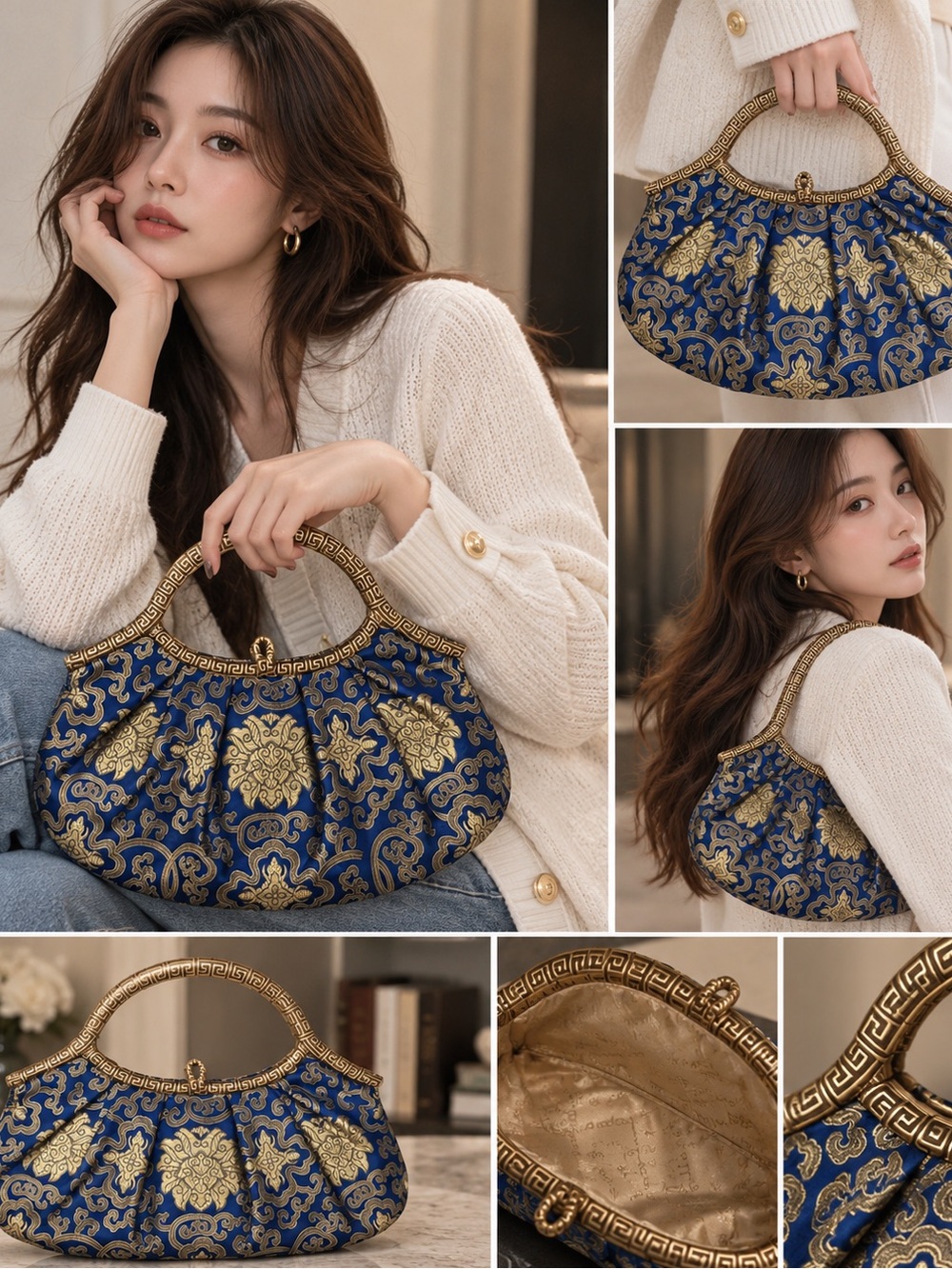 Elegant Blue & Gold Brocade Evening Bag - Vintage-Inspired Handbag